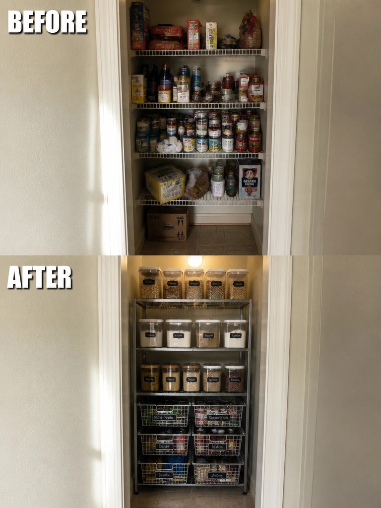 Before-and-after image of a cluttered pantry reorganized with clear labeled containers and wire baskets on metal shelves.