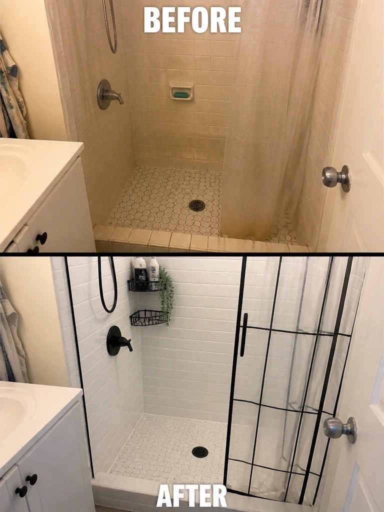 Before and after bathroom shower remodel with beige-to-white tile and black fixtures.