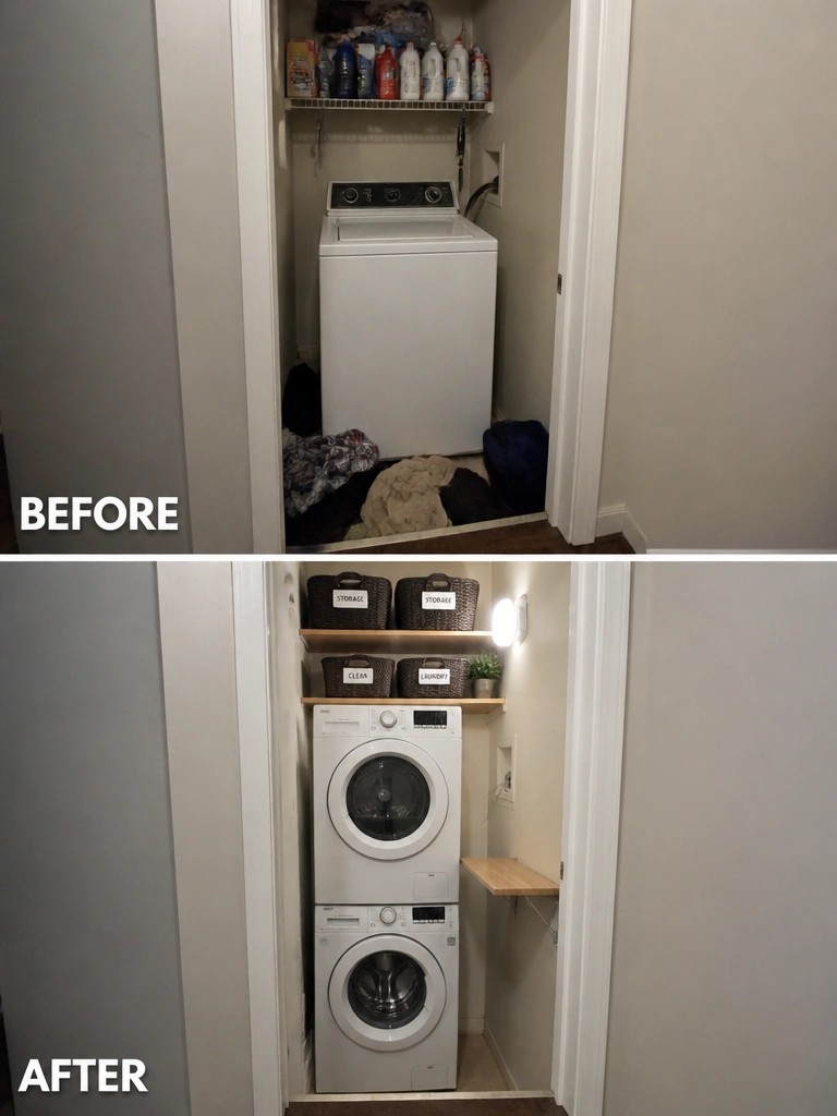 Before and after of cluttered laundry closet renovated with stacked washer, dryer, and baskets.