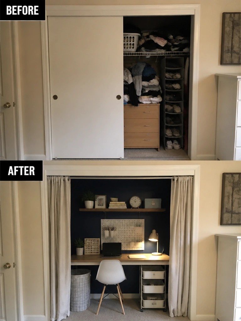 Before-and-after image of a cluttered closet converted into a compact desk nook with a chair, shelves, lamp, and side curtains.