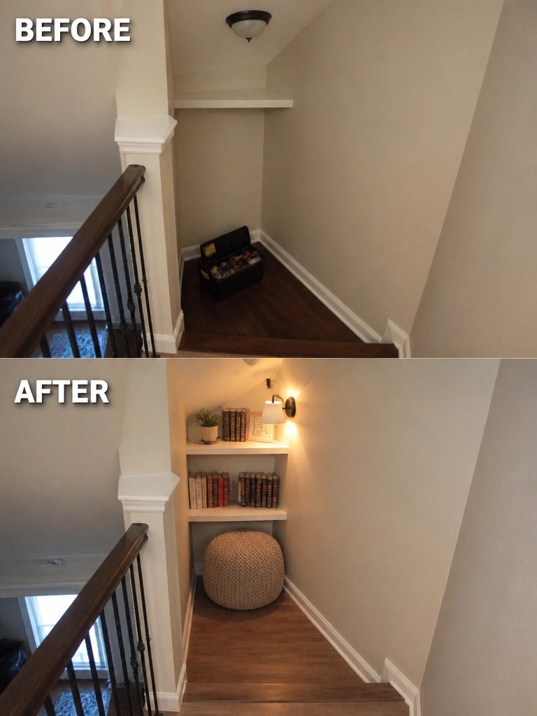 Before and after of staircase nook transformed into shelves, books, and pouf seating.