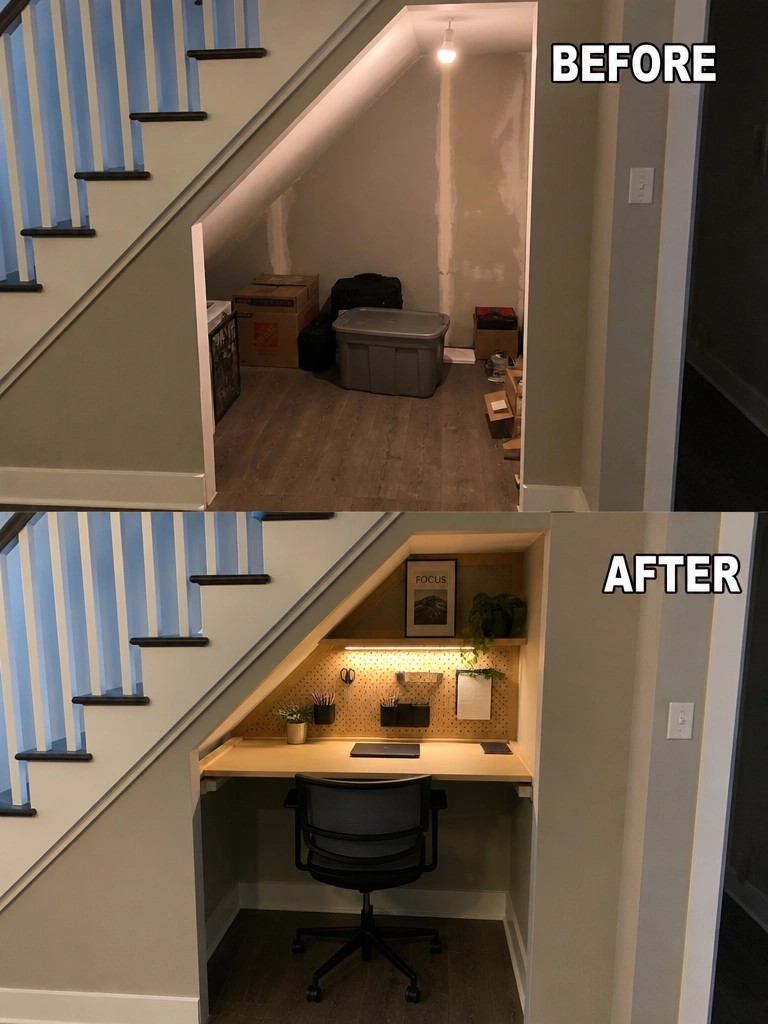 Before-and-after image of a cluttered under-stairs storage area turned into a compact desk workspace with a chair, shelves, and lighting.