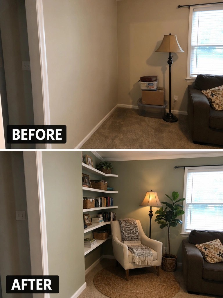 Before-and-after image of a plain room corner changed into a seating area with built-in shelves, an armchair, a rug, and plants.
