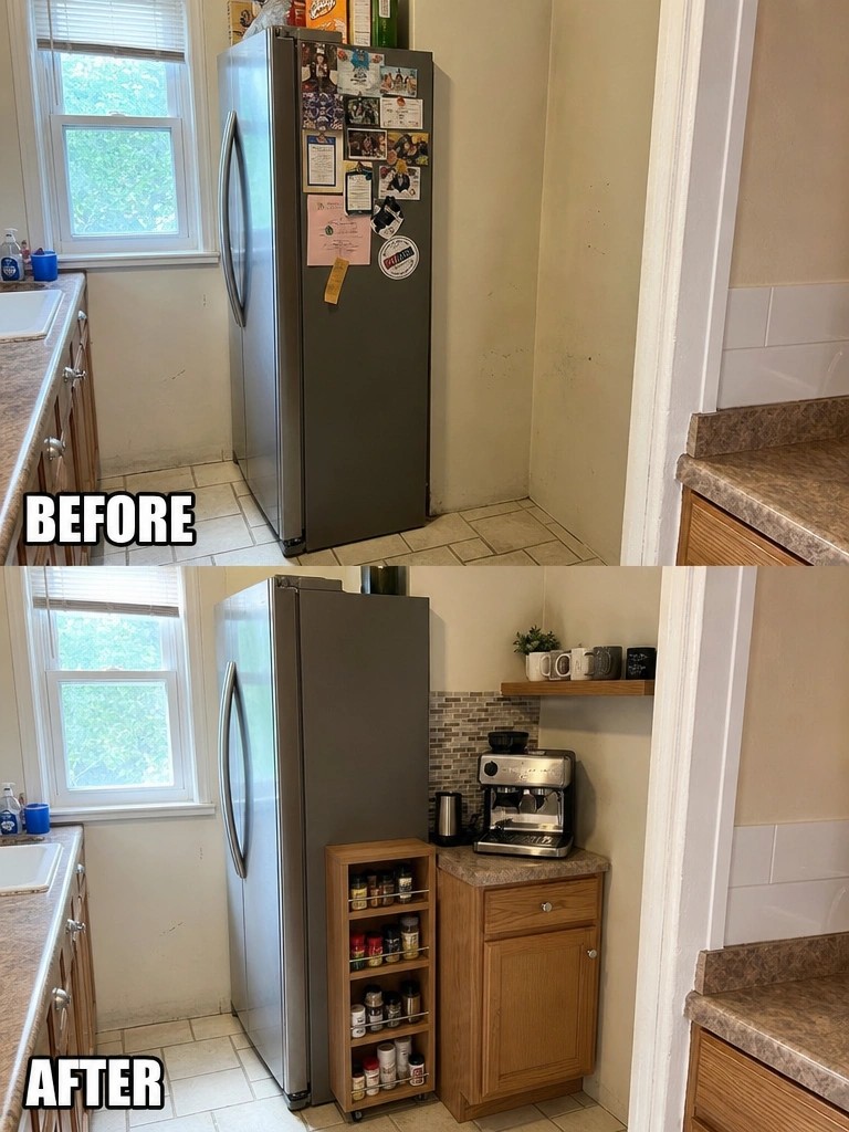 Before and after kitchen with organized fridge, spice rack, and coffee station