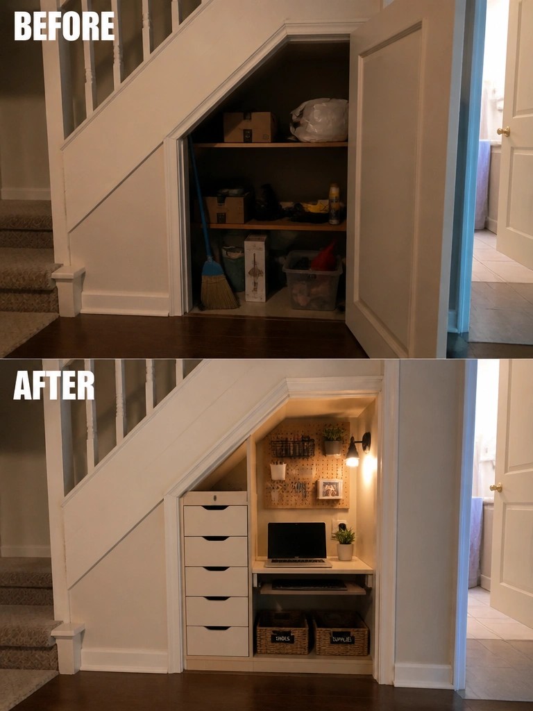 Before-and-after under-stair space converted from cluttered storage into organized desk nook.