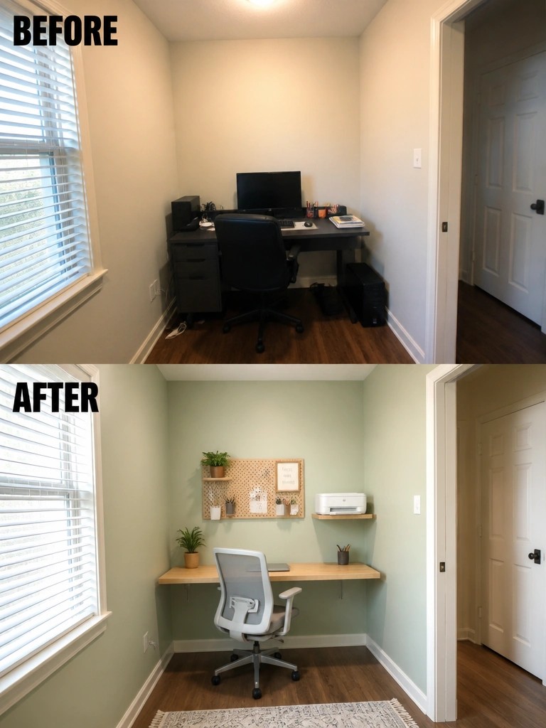 Before and after home office makeover with green walls and minimalist desk setup.