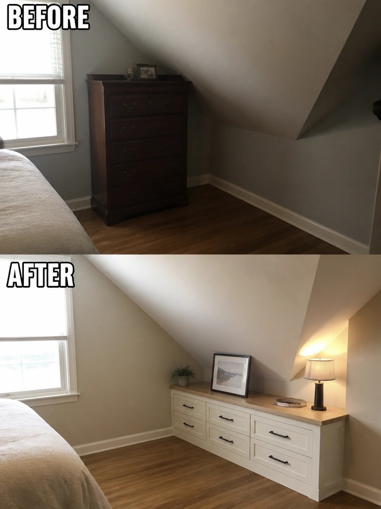 Before-and-after image of an attic bedroom showing a tall dark dresser replaced by a long low white storage unit fitted under the sloped ceiling.