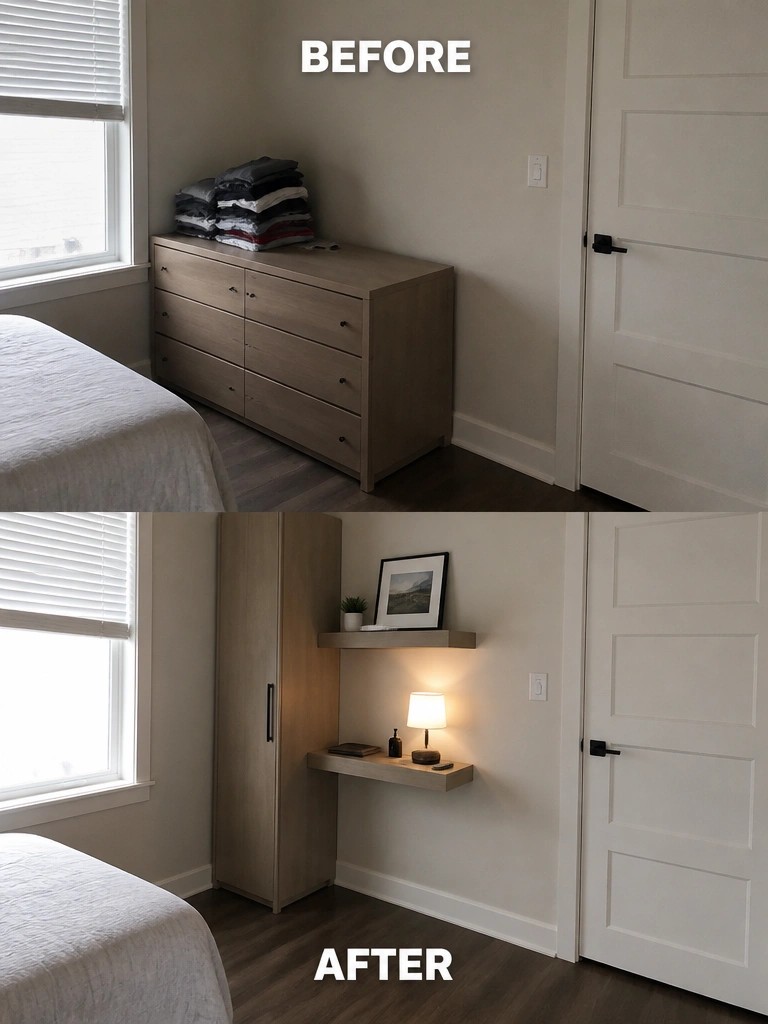 Before and after bedroom corner with light wood dresser replaced by tall cabinet and shelves.