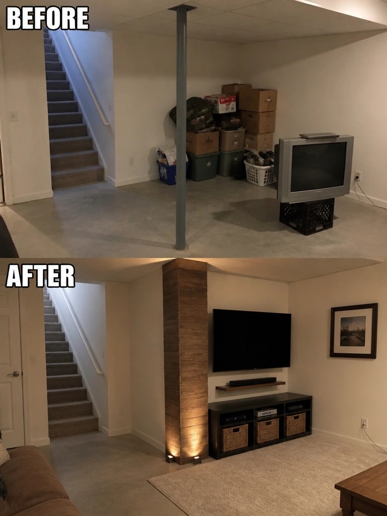 Before-and-after basement transformation from cluttered storage to modern living space with TV.