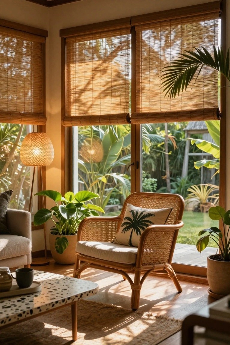Sunlit living room corner with white-cushioned rattan armchair featuring palm leaf pillow, positioned by large windows with bamboo blinds overlooking tropical garden, indoor plants, gray sofa, and terrazzo coffee table.