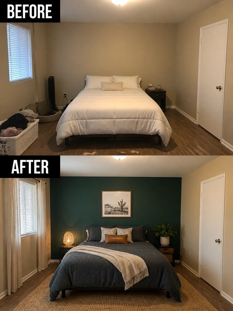 Before and after bedroom with beige walls transformed to dark green accent wall