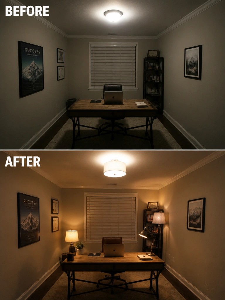 Before-and-after image of a home office updated with multiple lamps for softer, warmer lighting.