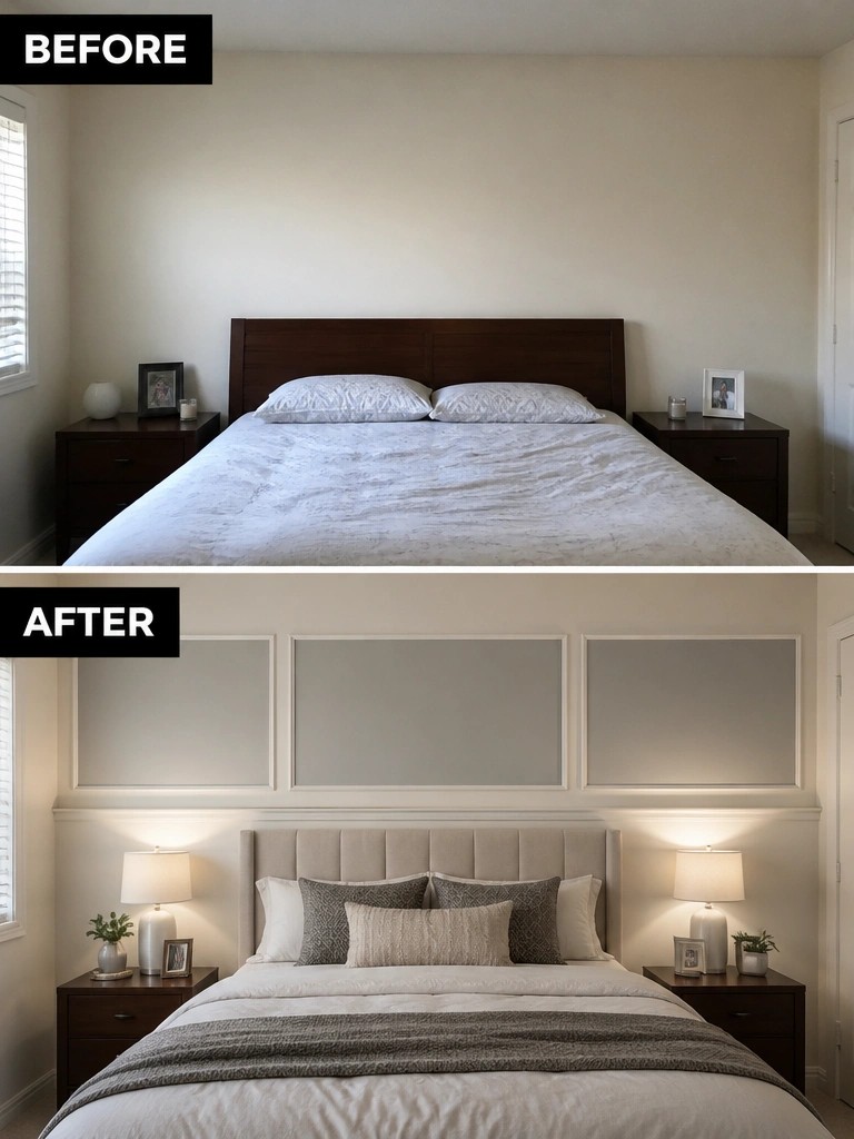 Before-and-after bedroom with new upholstered headboard, wall panels, and lamps.