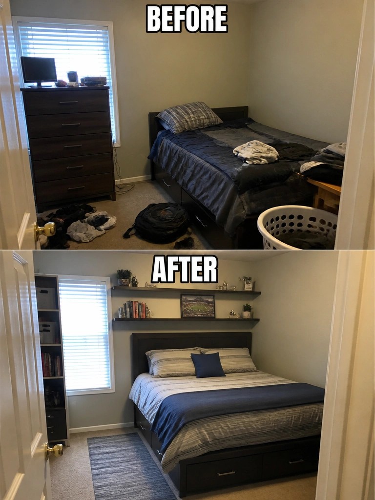 Before and after of messy bedroom cleaned with organized shelves, made bed, and rug.