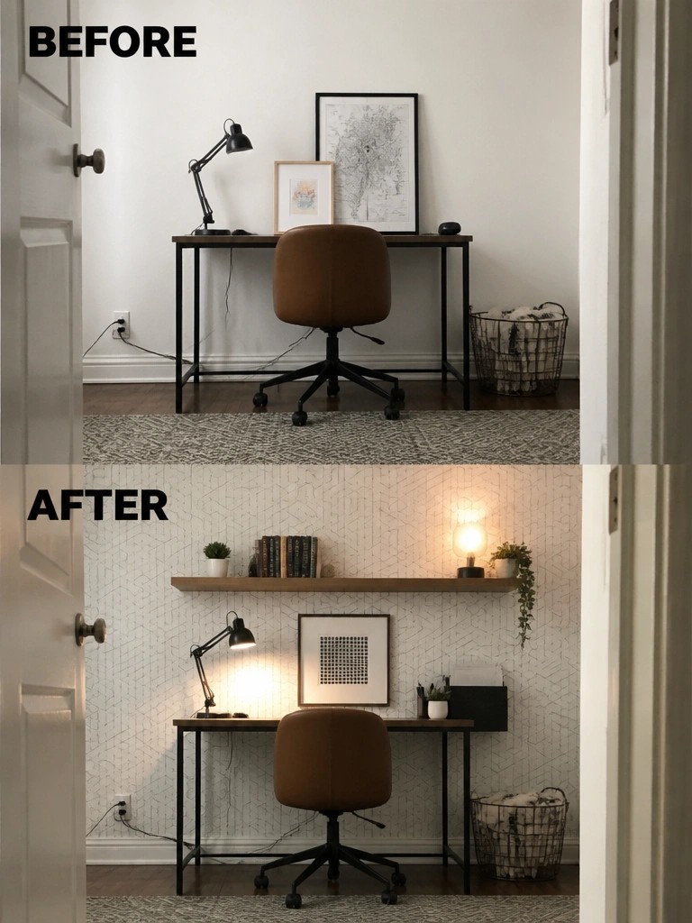 Before-and-after image of a plain desk area updated with geometric wallpaper and a floating shelf above the desk.