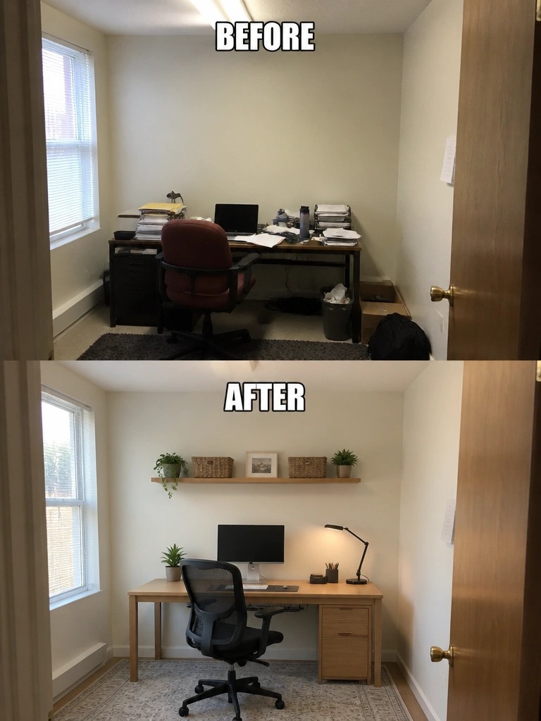 Before-and-after home office: cluttered desk transformed into organized minimalist workspace with shelf.