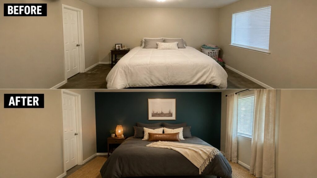 20 Practical Simple Room Makeover Ideas for Bedrooms, Offices, and Spare Rooms Before and after bedroom with beige walls transformed to dark green accent wall