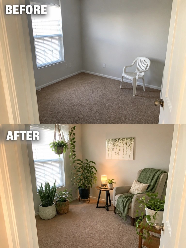 Before and after of bare gray room transformed into cozy plant-filled nook.