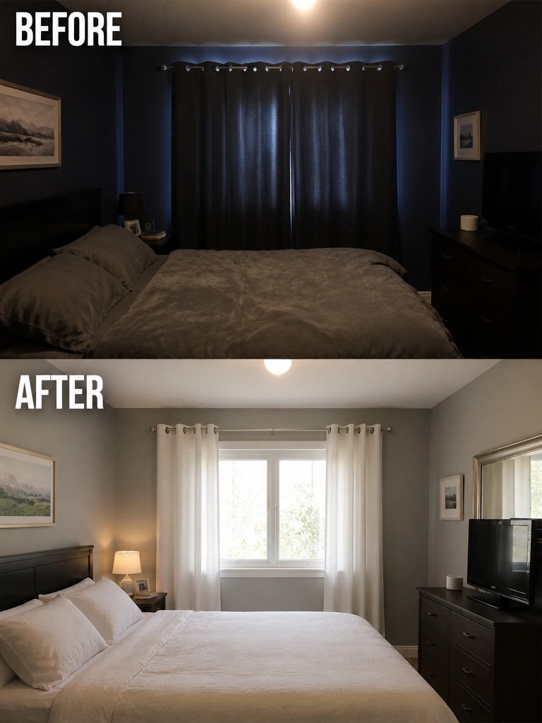Before and after bedroom with dark walls to light gray and white bedding
