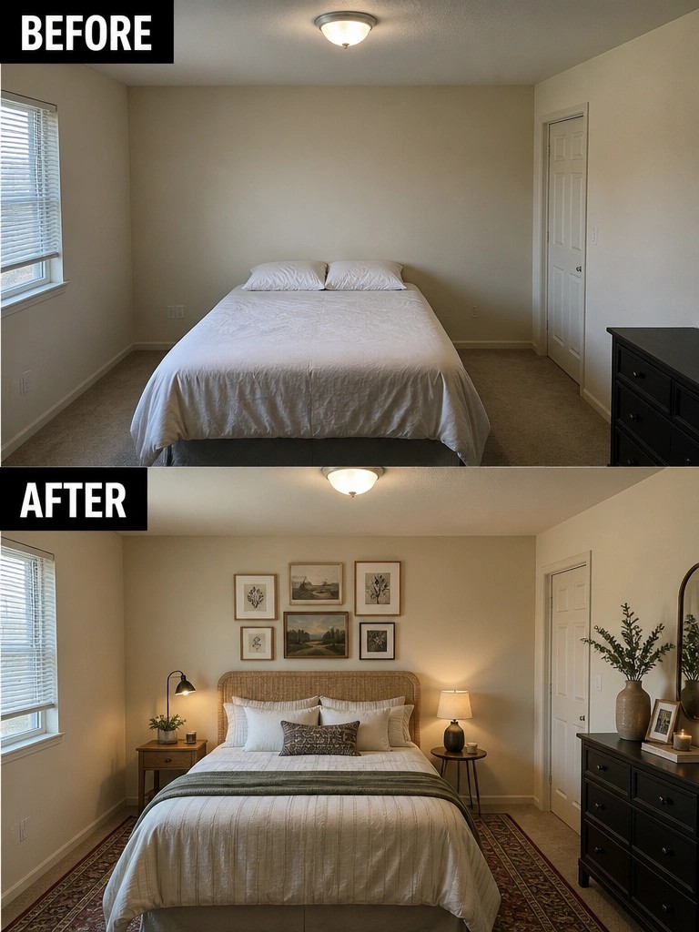 Before and after bedroom makeover with added wall art, lamps, and decor