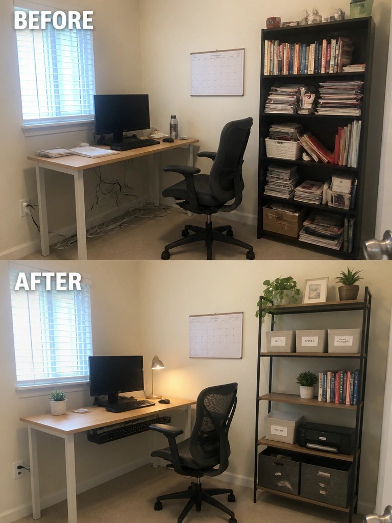 Before cluttered desk and bookshelf, after clean organized office with plants and shelves.