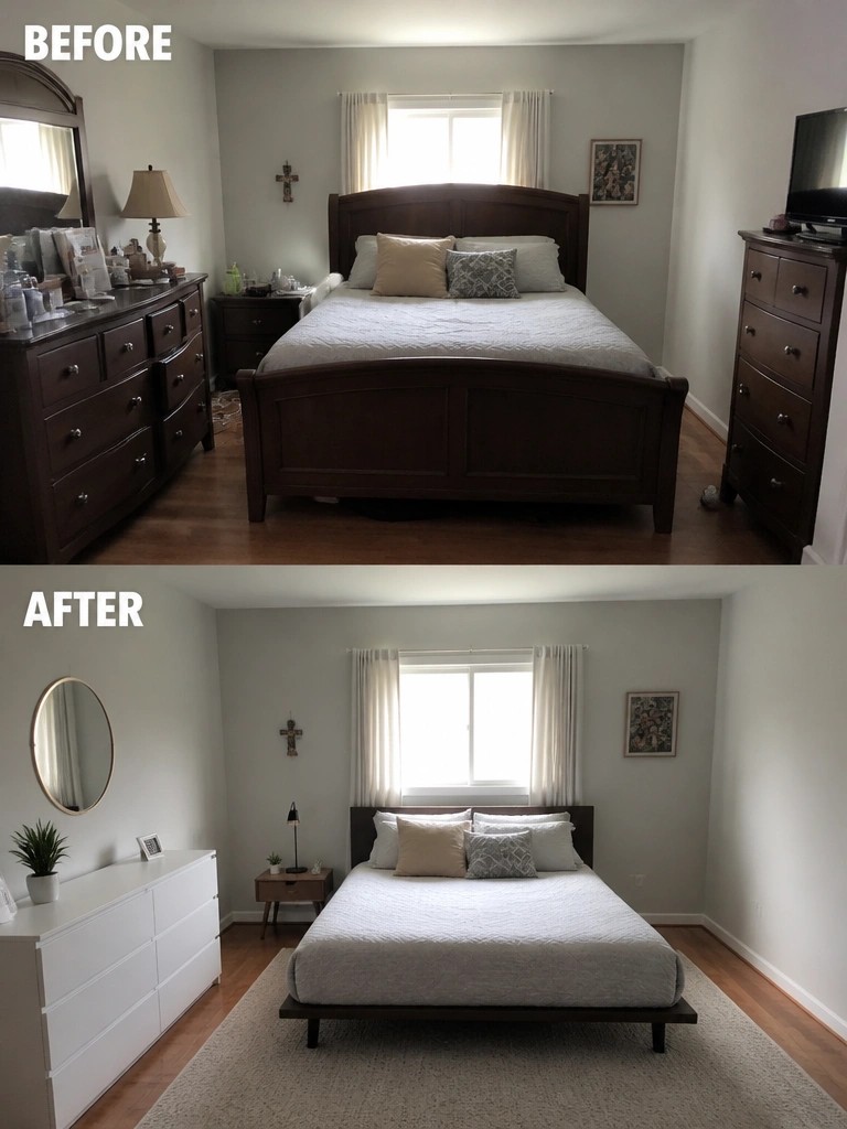 Before and after bedroom makeover with dark wood furniture replaced by white minimalist pieces