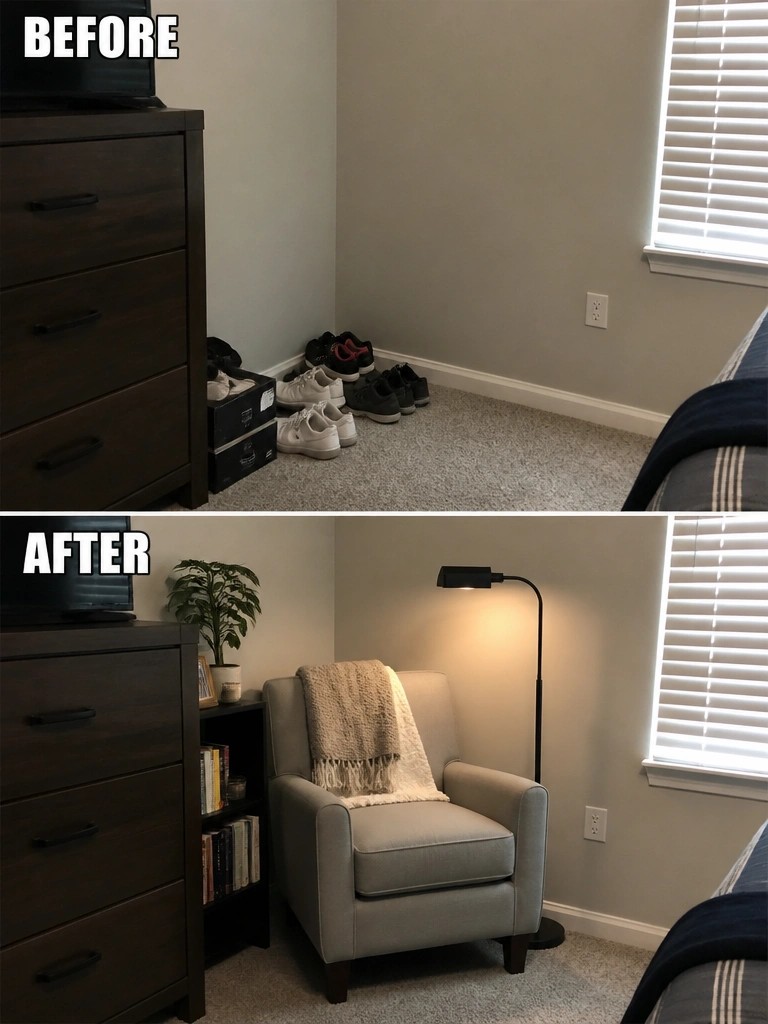 Before messy shoes by dresser, after cozy armchair with lamp, plant and blanket.