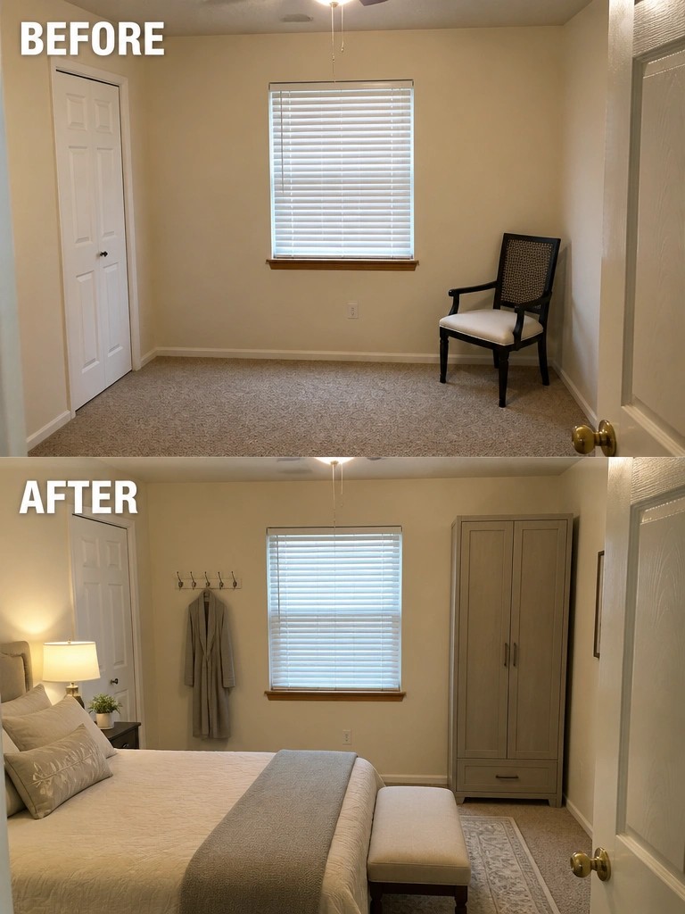Before-and-after image of an empty bedroom transformed into a furnished bedroom with a bed, wardrobe, and rug.