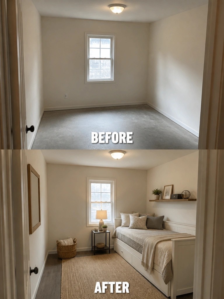 Before-and-after image of an empty room with concrete floor transformed into a furnished bedroom with a bed, rug, side table, and basic decor.