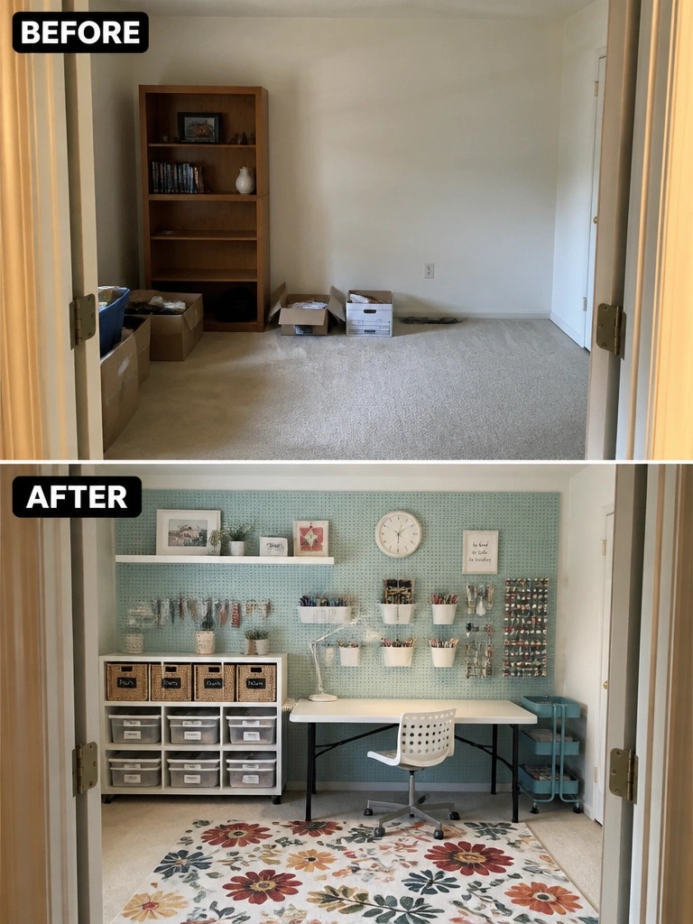 Before empty room with boxes and bookshelf; after organized craft room with pegboard desk and rug.