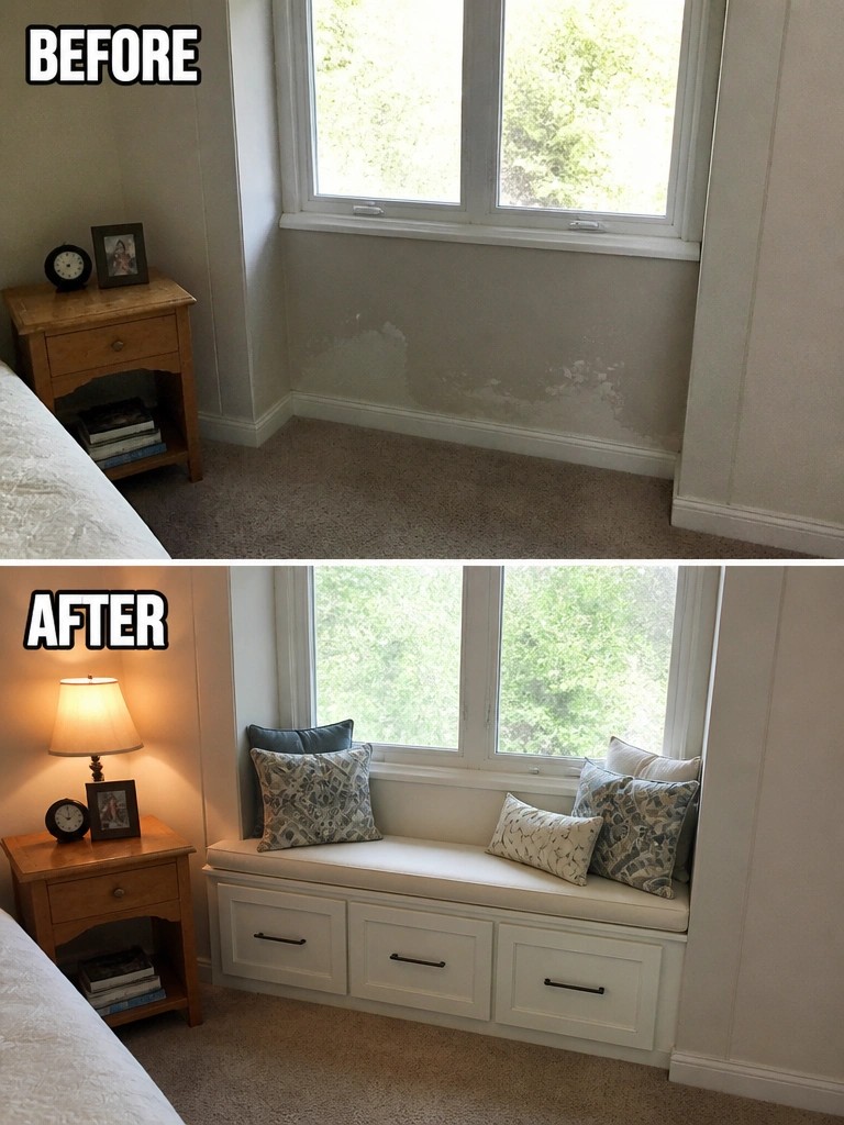 Before and after of bedroom window nook converted to cushioned storage bench with pillows