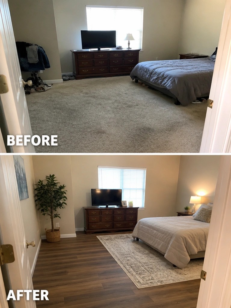Before messy carpeted bedroom and after modern wood-floor renovation.