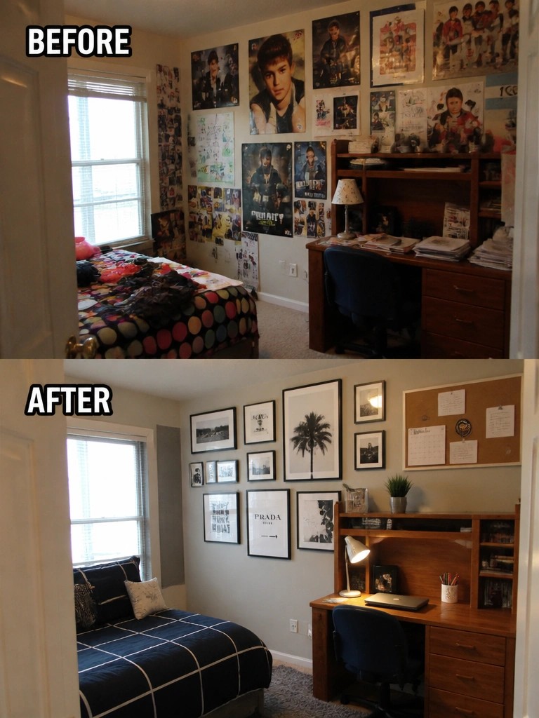 Before-and-after image of a cluttered bedroom with poster-covered walls changed into a clean room with a framed black-and-white gallery wall and organized furniture.