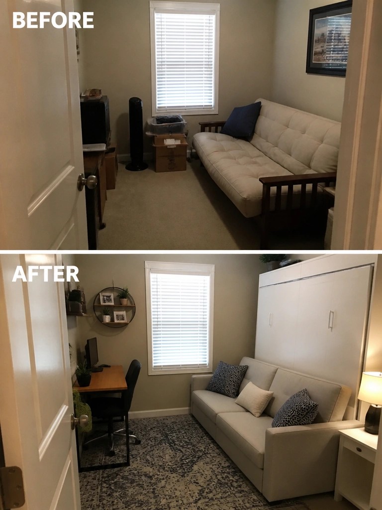 Before and after of cluttered room transformed into organized space with sofa and desk.