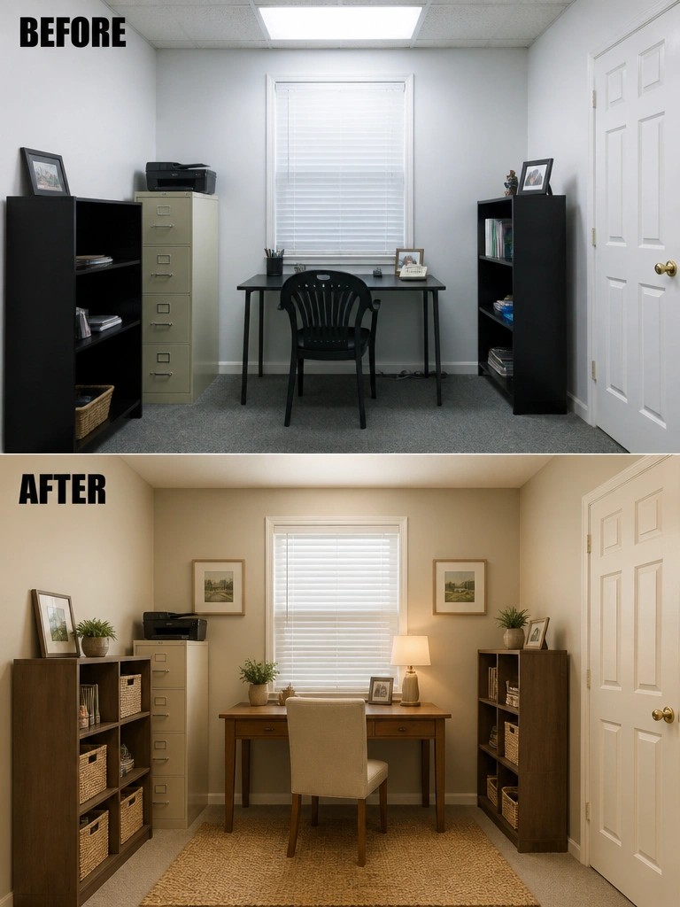 Before-and-after office makeover with black furniture replaced by wooden desk and warm decor.