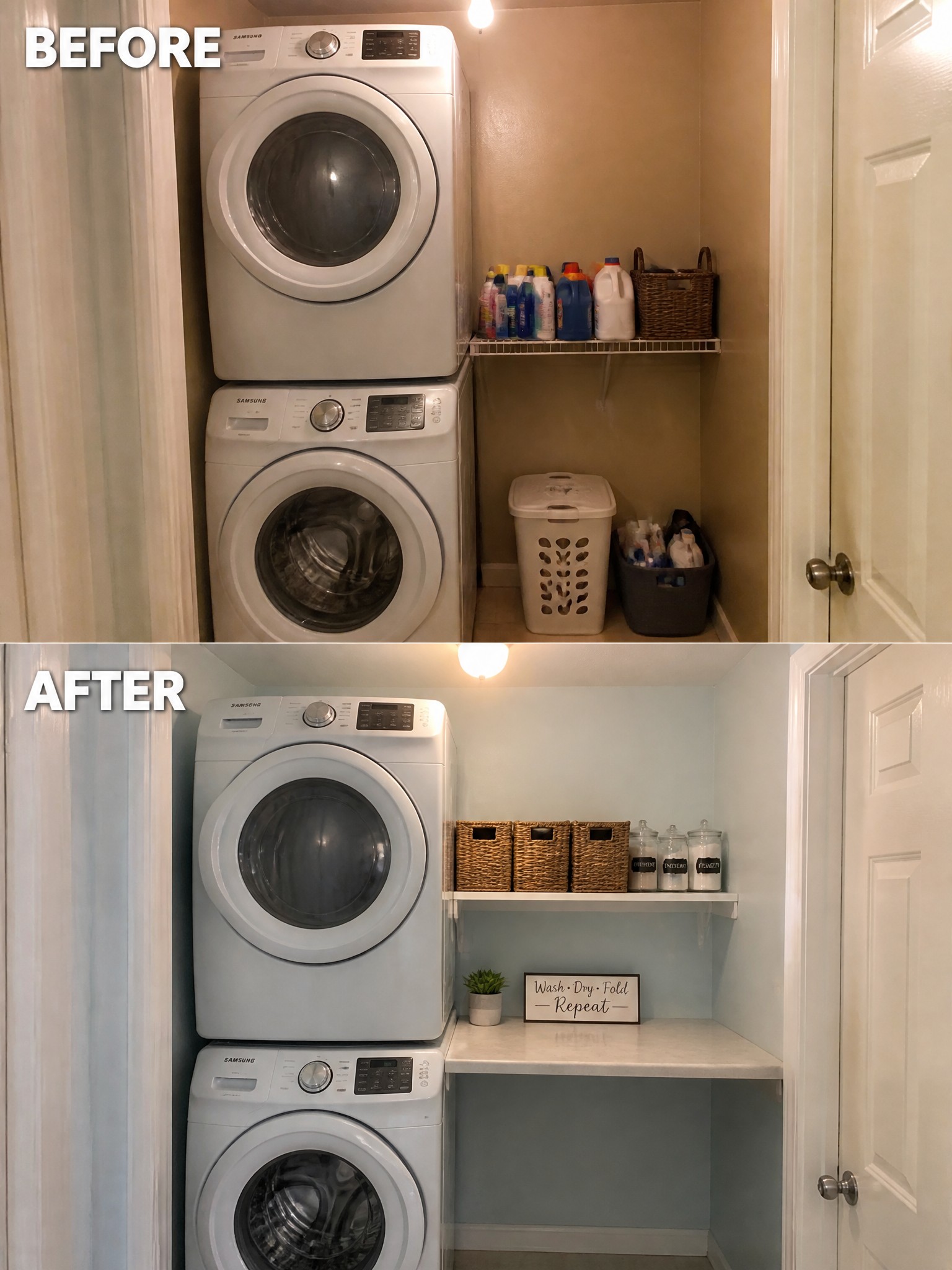 Before-and-after image of a stacked washer and dryer laundry closet updated with light blue paint, a white countertop, and organized upper shelving.
