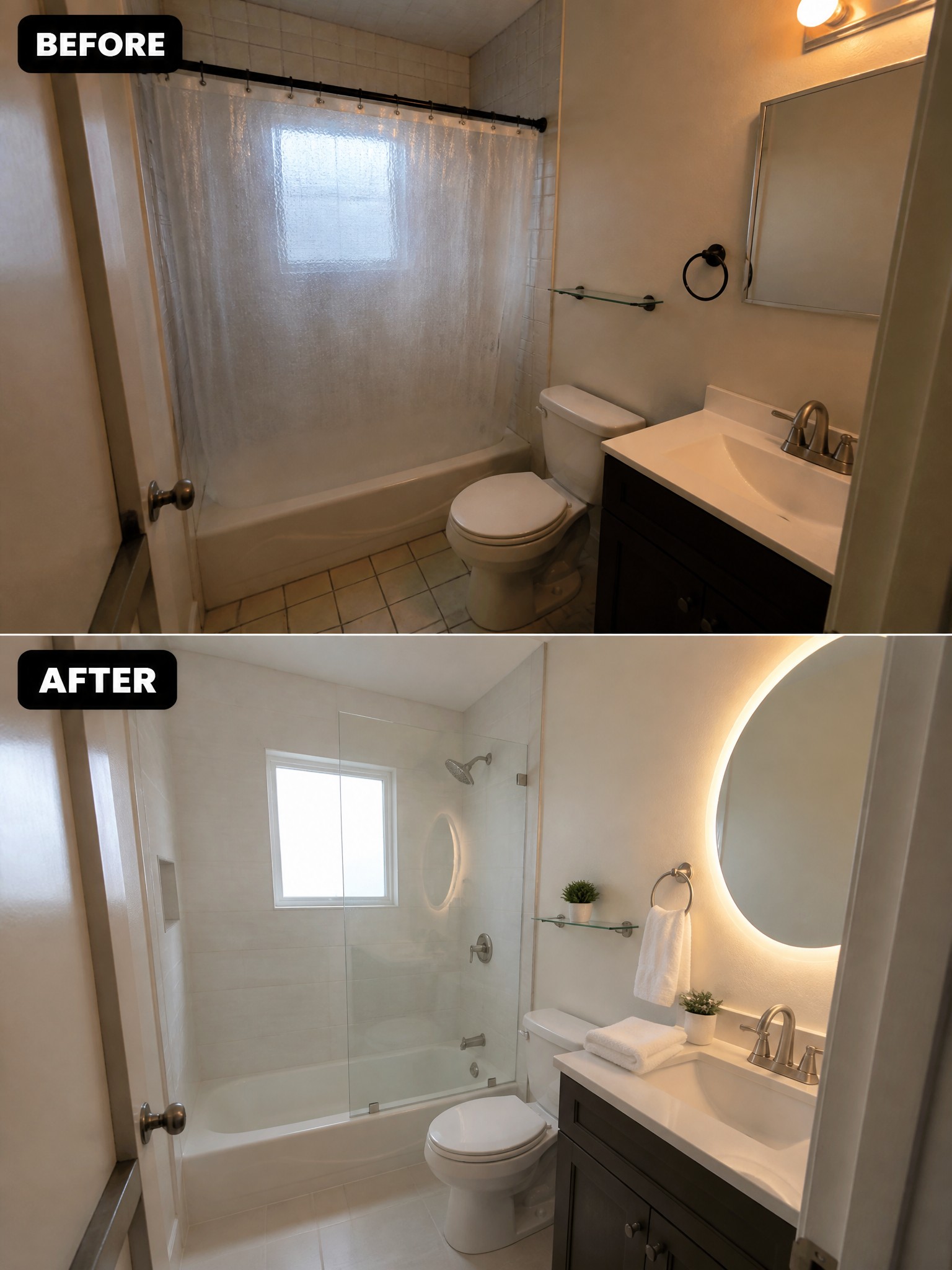 Before-and-after image of a bathroom with a shower curtain and basic mirror changed to a glass shower enclosure and a backlit round mirror.