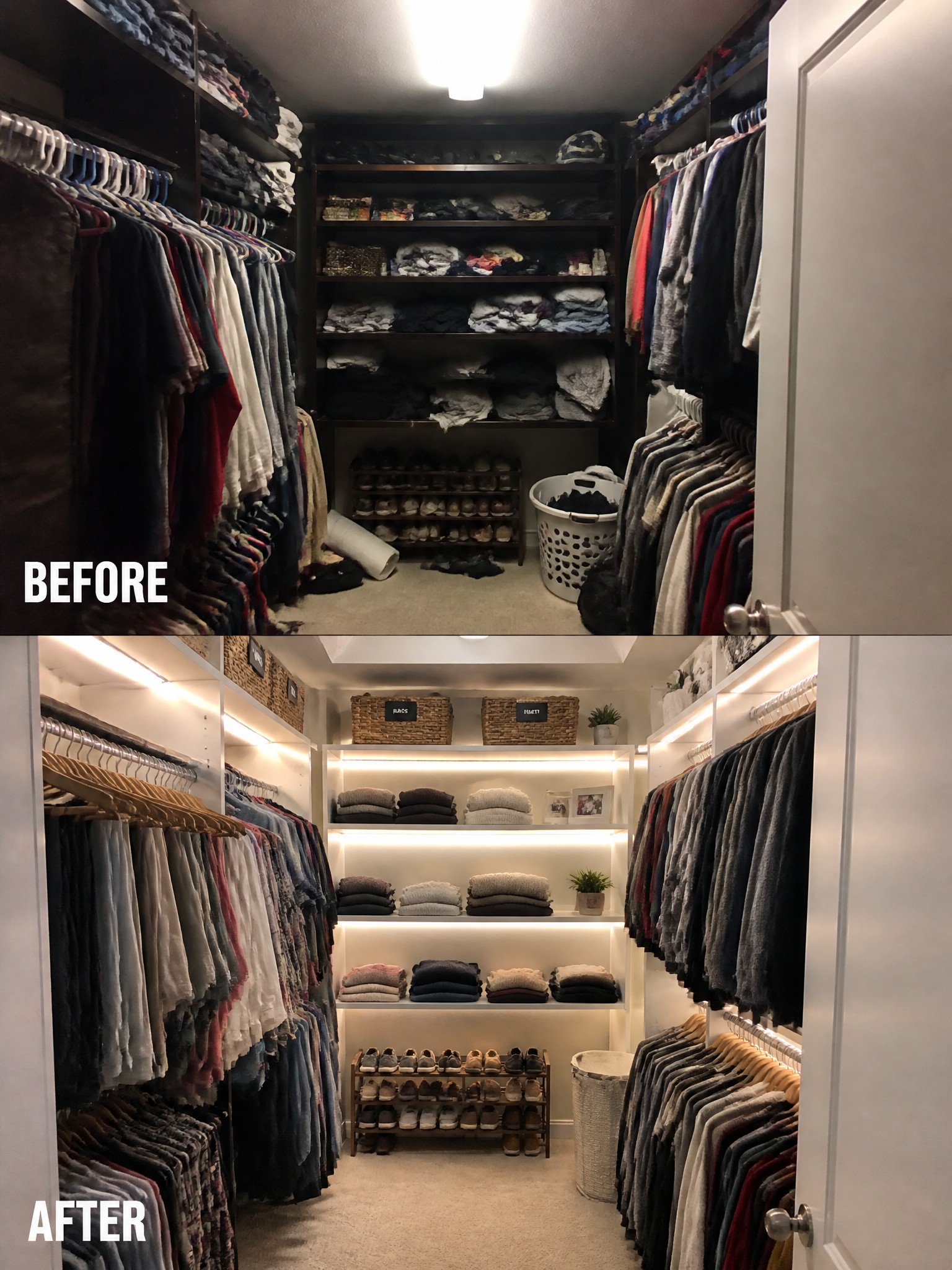 A transformed closet with organized clothing, shoes, and decorative baskets, well-lit.