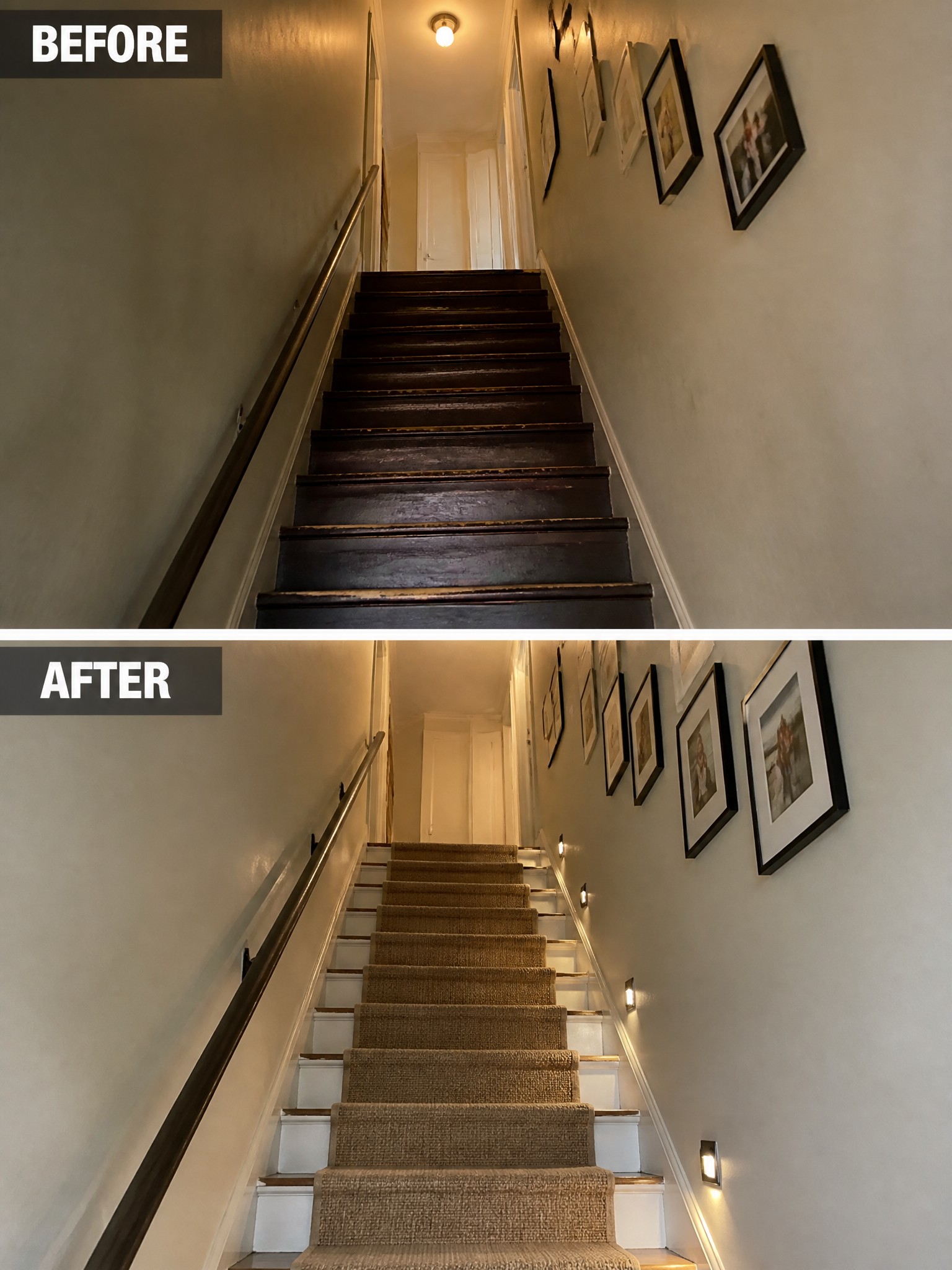 Staircase transformation with dark wood steps replaced by carpet, illuminated by wall lights.