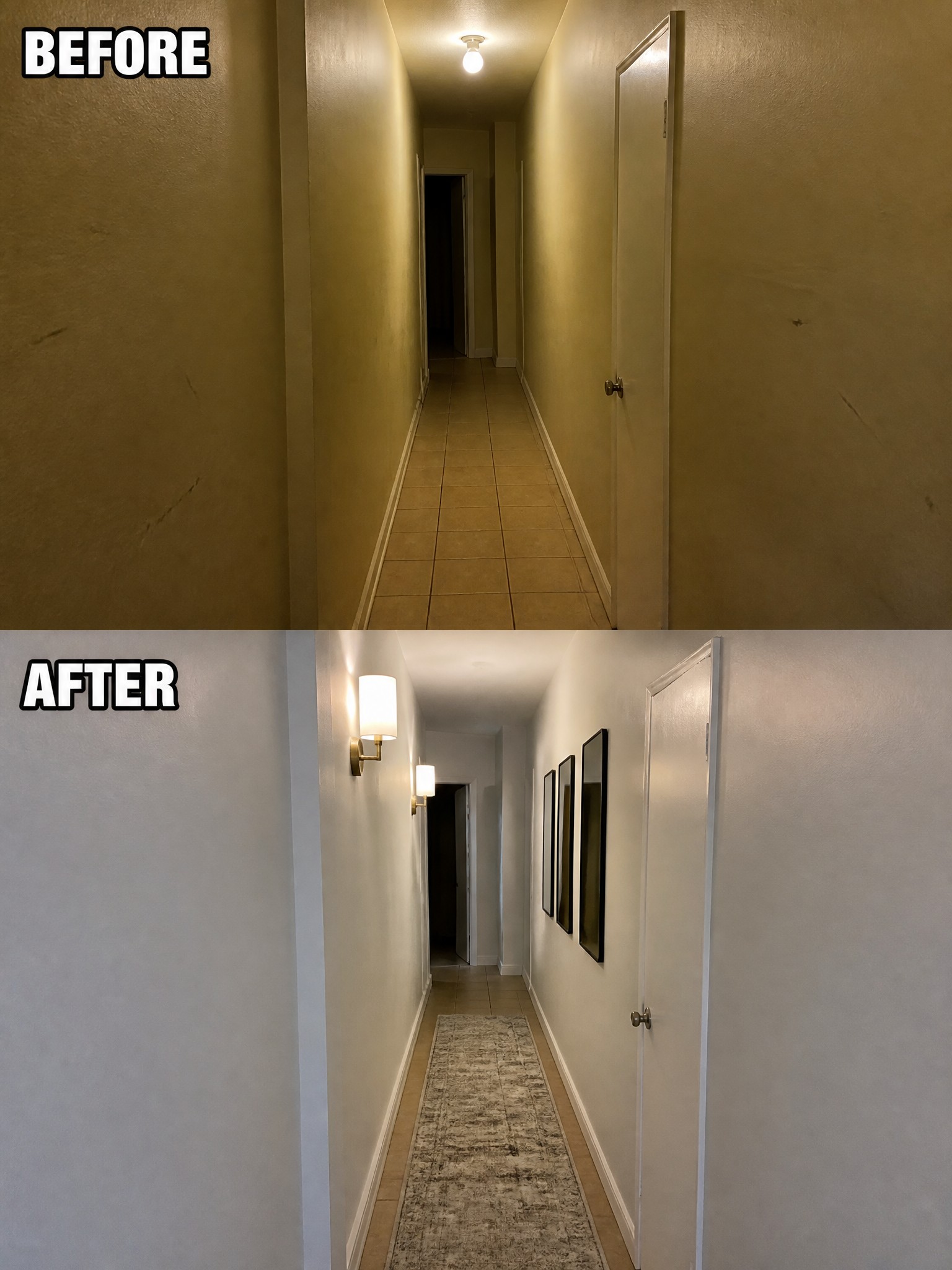 Before and after views of a hallway, showing a cleaned, brighter, and decorated space.