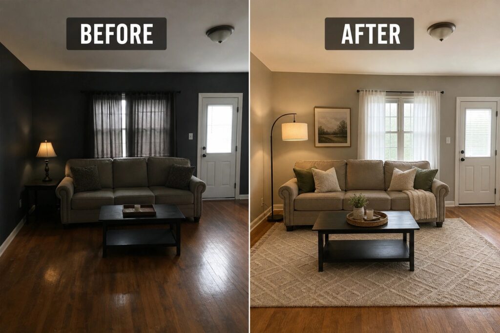 20 Simple Home Refresh Ideas for Dark Rooms That Need More Life Living room transformation with lighter colors, modern decor, new lighting, and cozy furnishings.