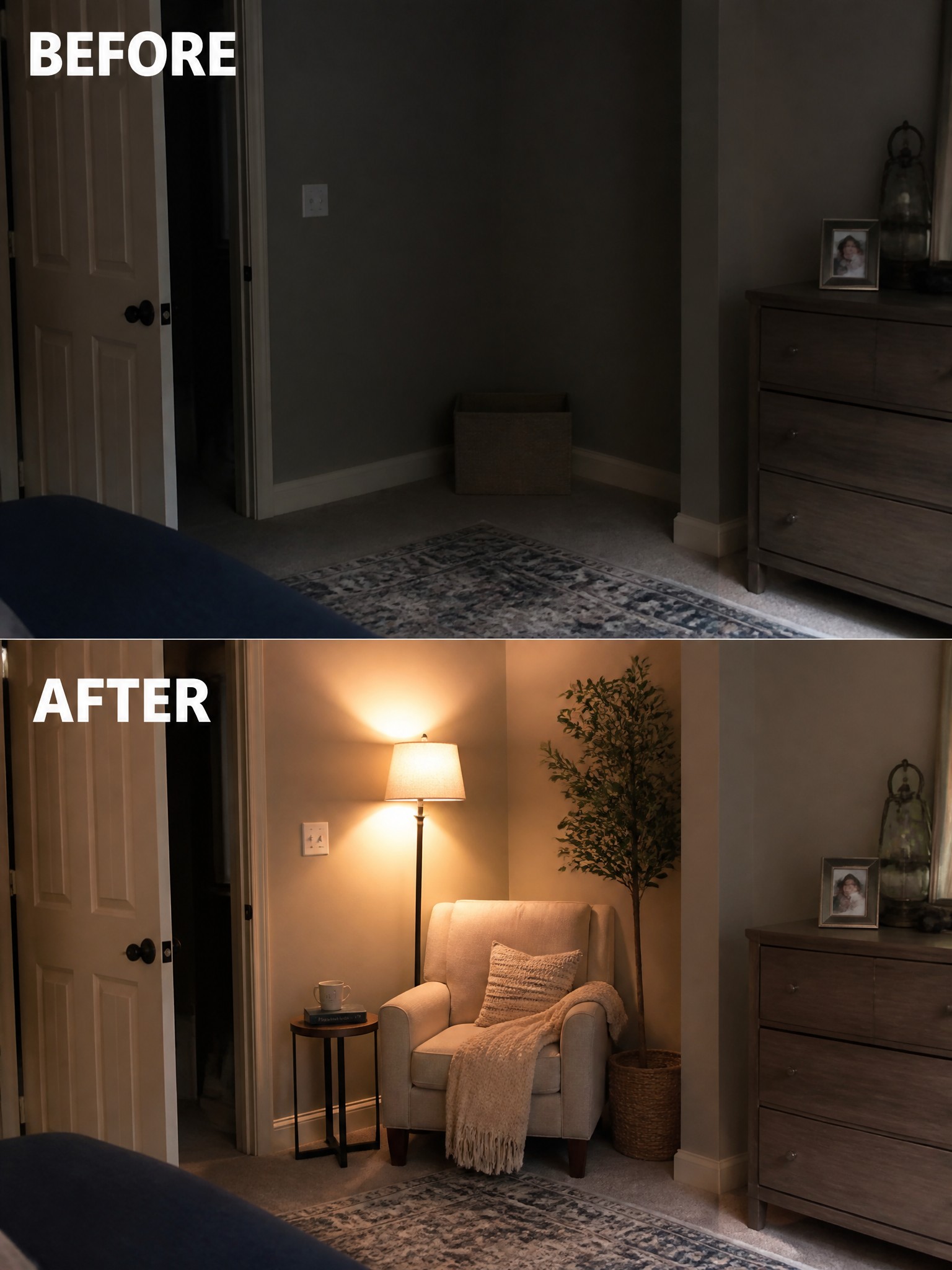 Dark room before and after lighting; cozy chair, lamp, table, and greenery added.