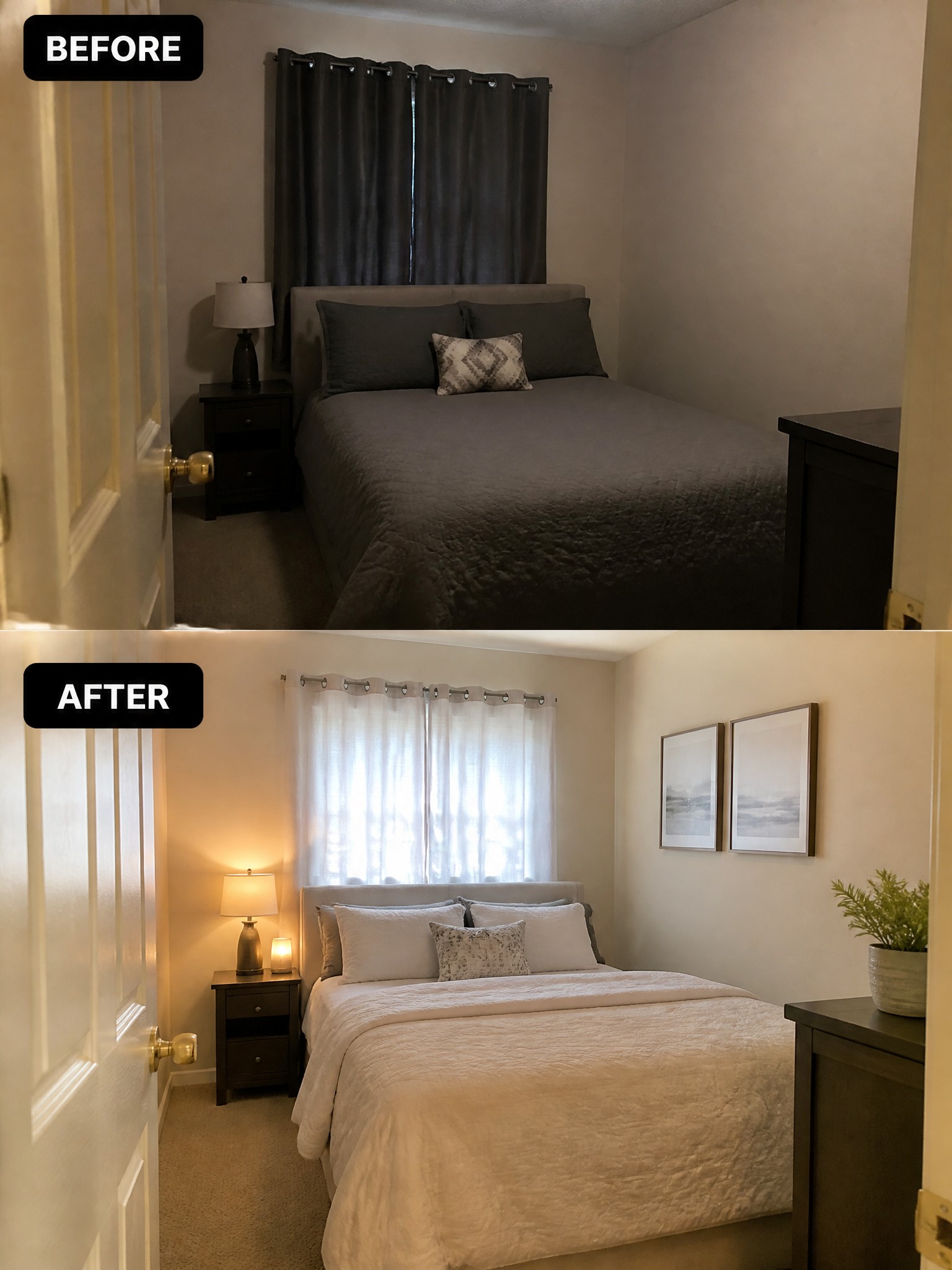 Bedroom transformation: dark to bright, featuring light curtains, neutral bedding, and art.