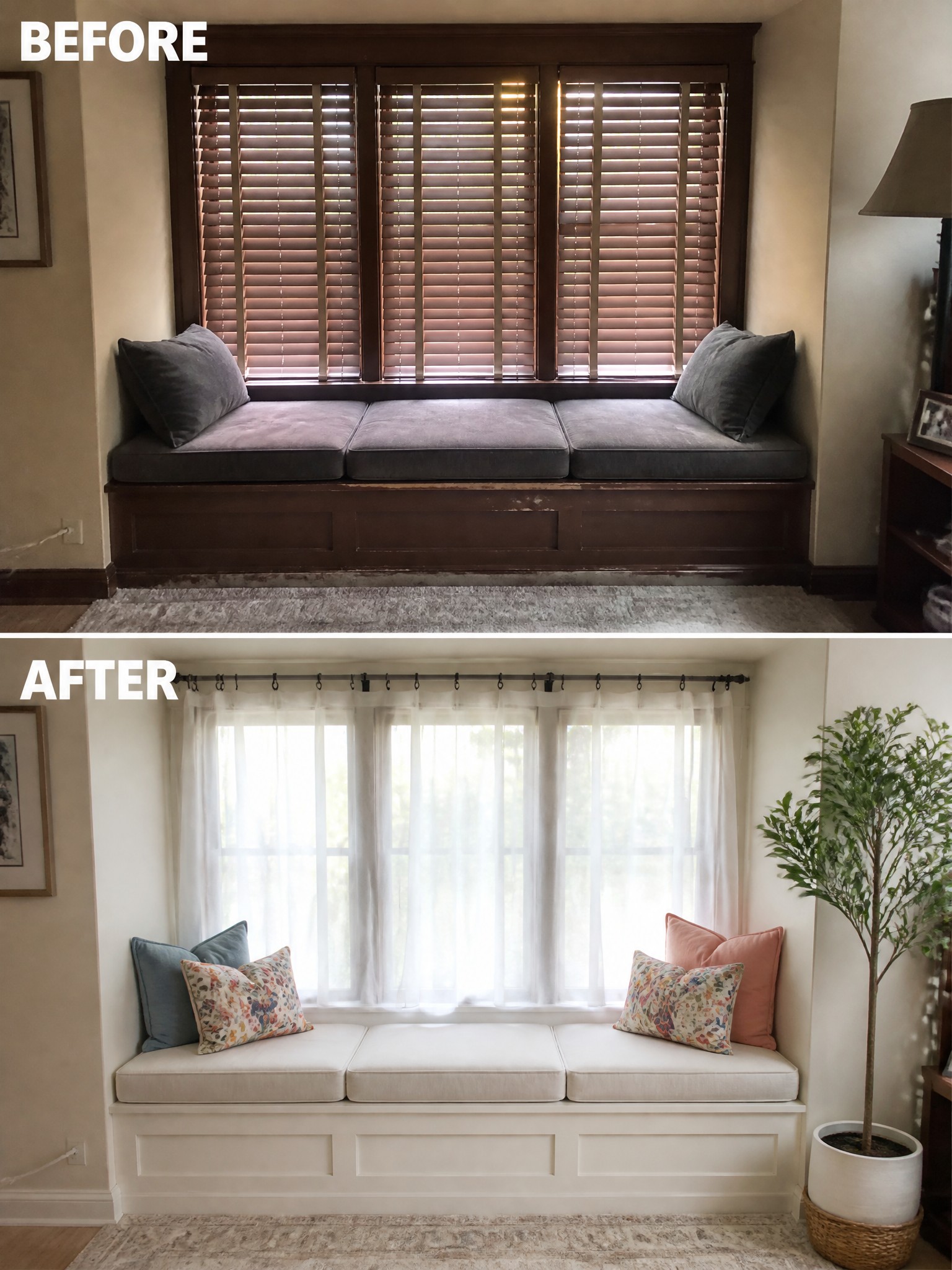 Before-and-after transformation of a window seat: dark wood to white with new cushions and decor.