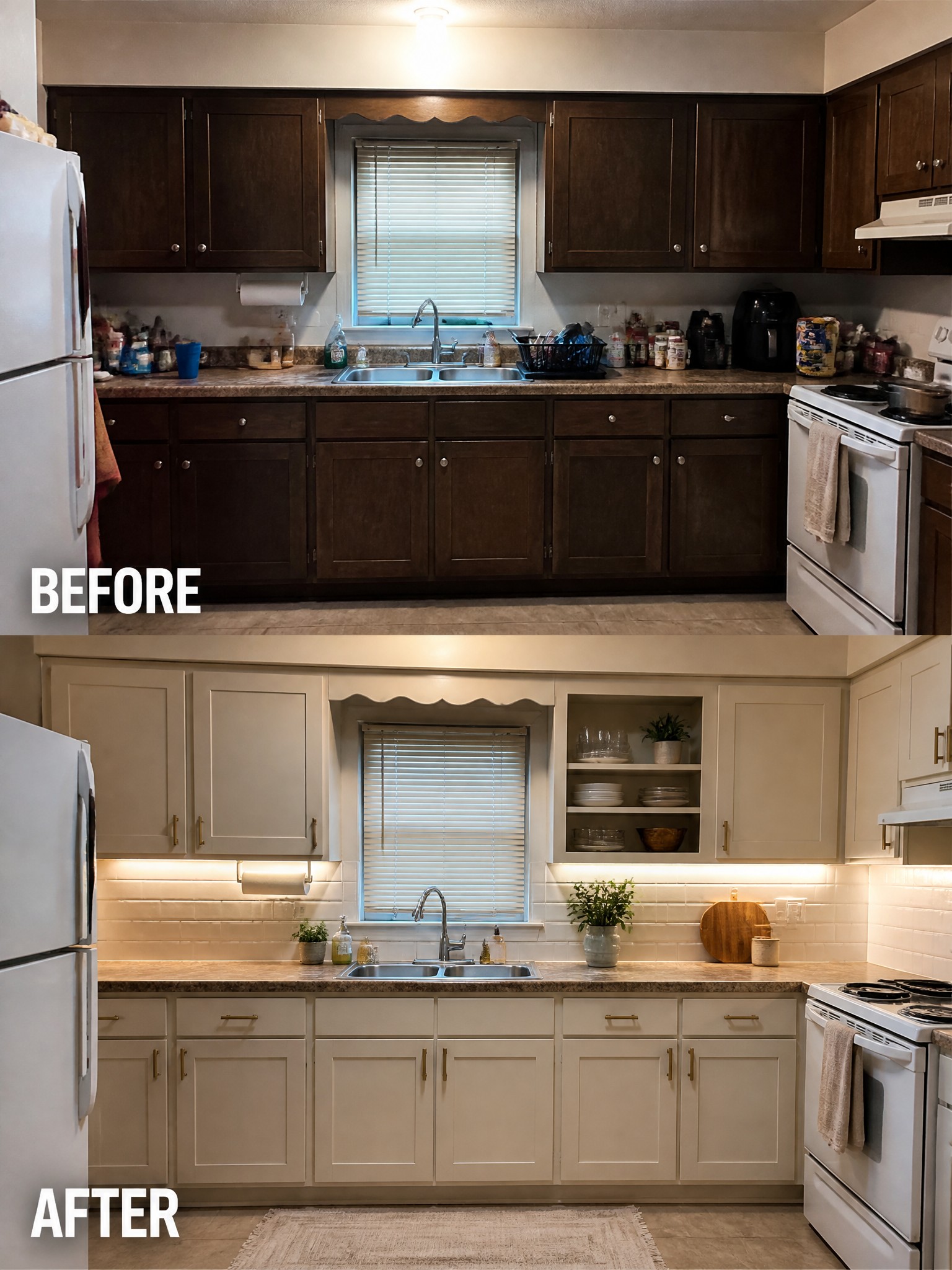Before-and-after image of a dark kitchen updated with light-colored cabinets, open shelving, and under-cabinet lighting.