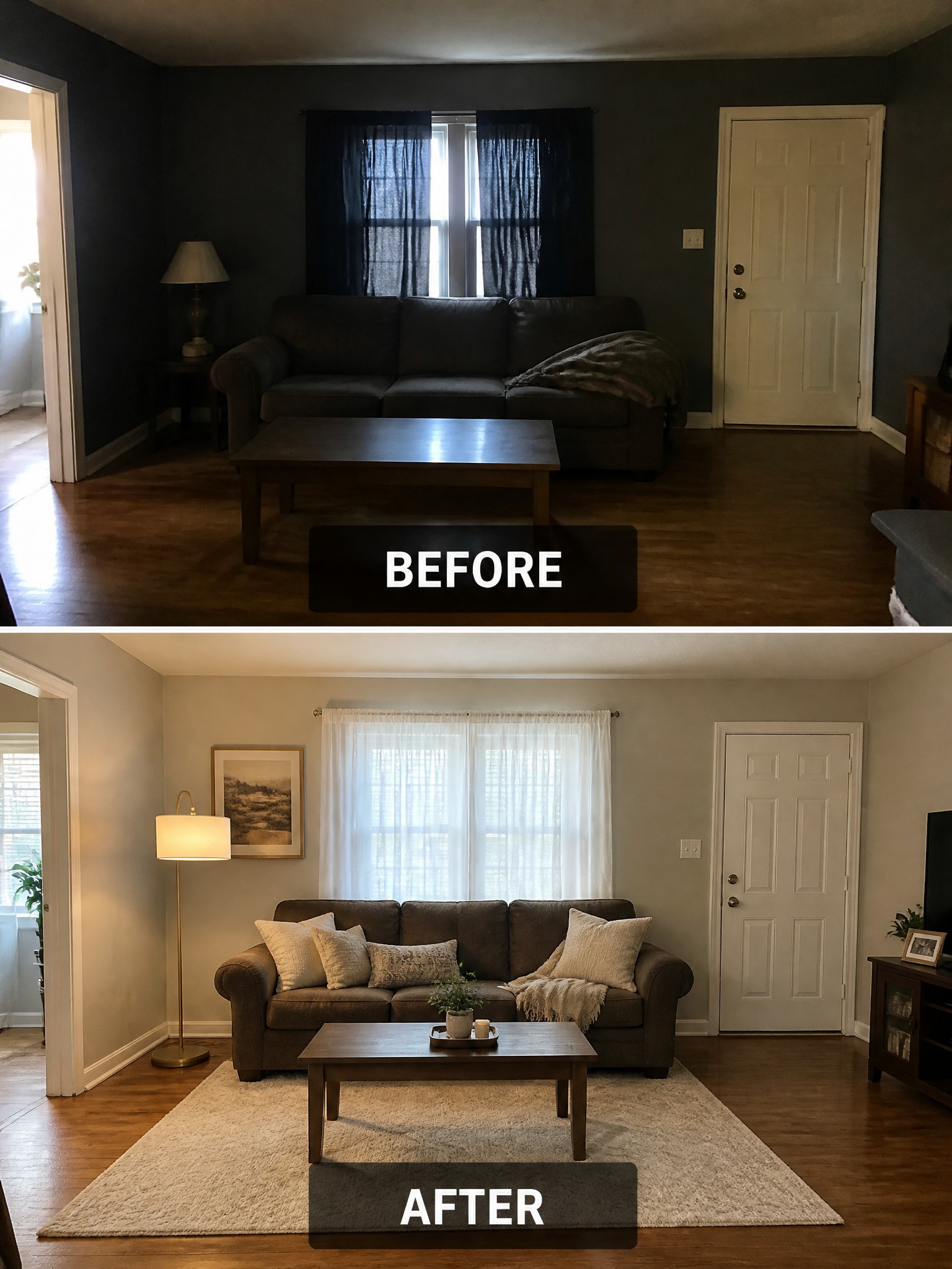 Living room transformation with lighter colors, modern decor, new lighting, and cozy furnishings.