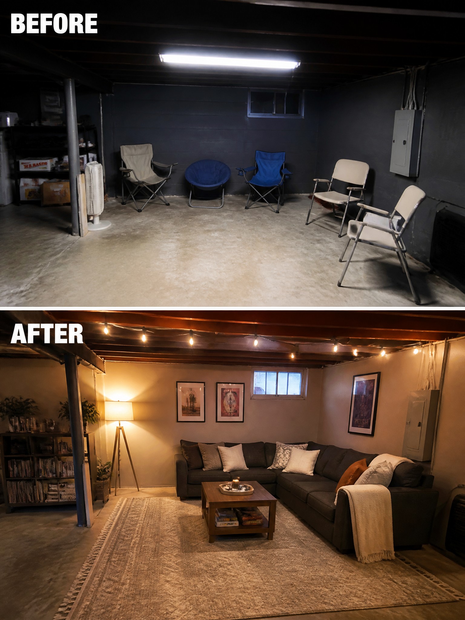 Before and after basement renovation, featuring seating, a couch, decor, and ambient lighting.