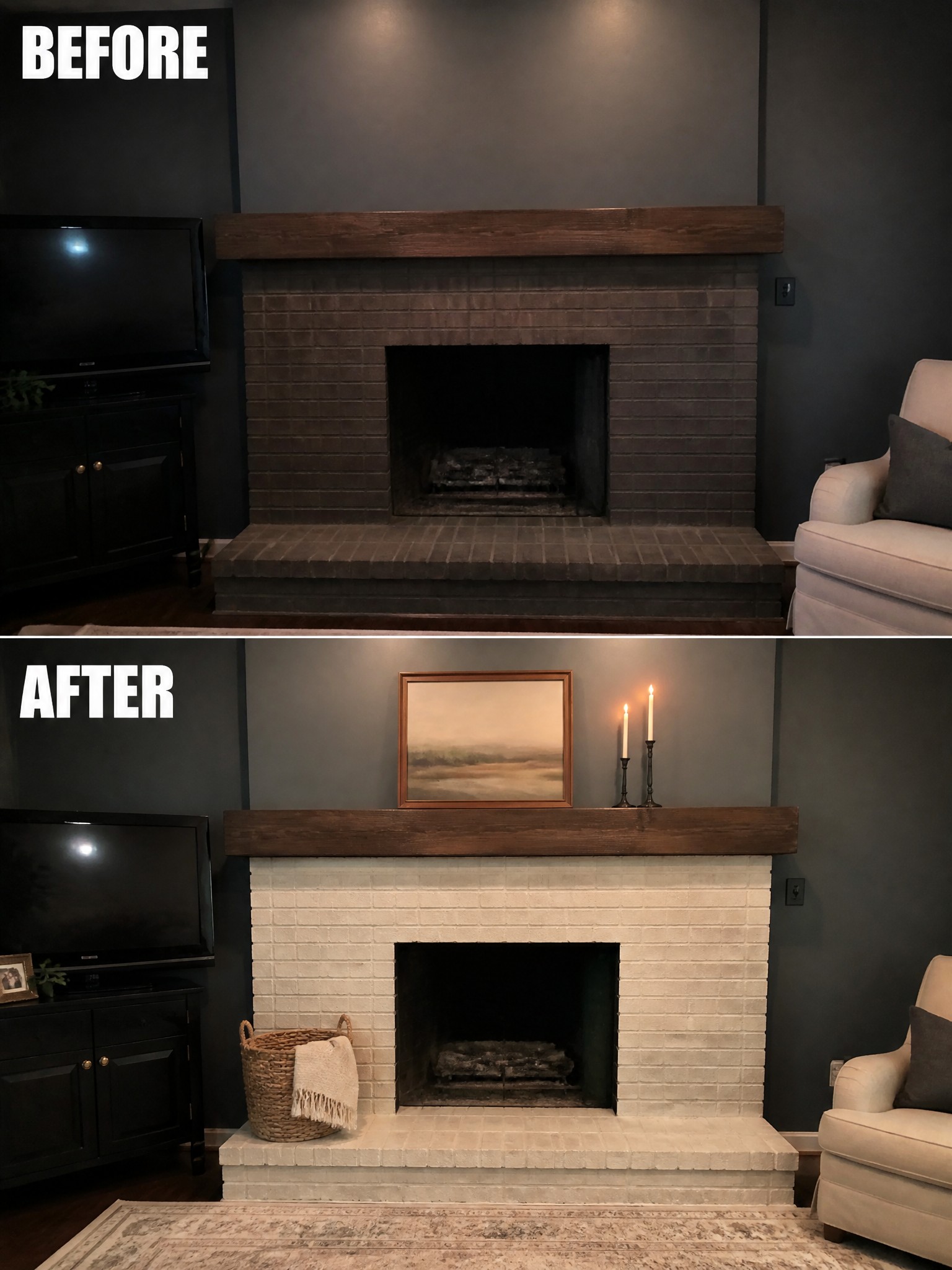 Before and after shots of a fireplace; brown brick transformed to white brick.