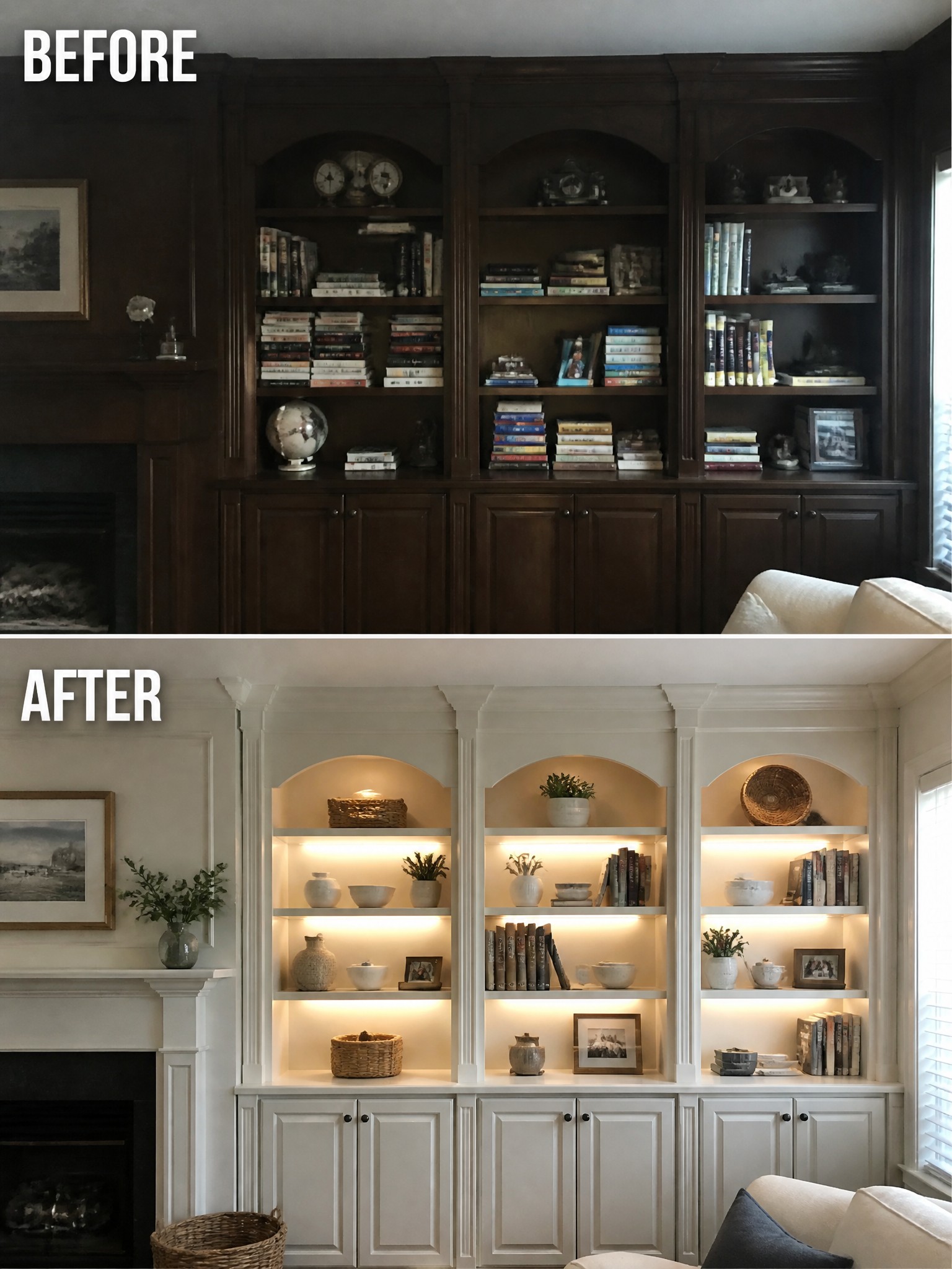 Bookshelves transformed from dark wood to light-colored cabinetry with illuminated shelves and decorative items.
