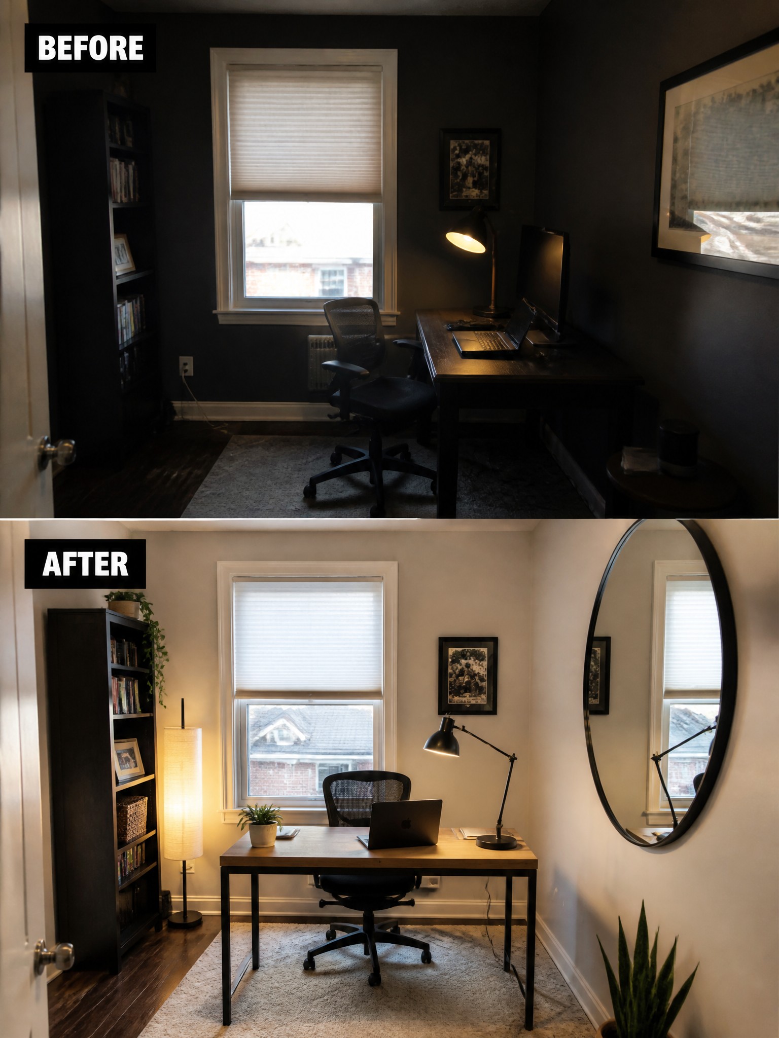 Transformed office space, dark walls to light, modern desk, plants, circular mirror added.
